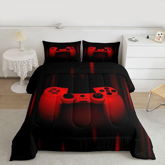 Feelyou Boys Gamer Comforter Set - Toddler Size Gaming Bedding Set for Kids & Teens - Super Soft Red & Black Bed Set with Geometric Duvet & Quilted Gamer Gift