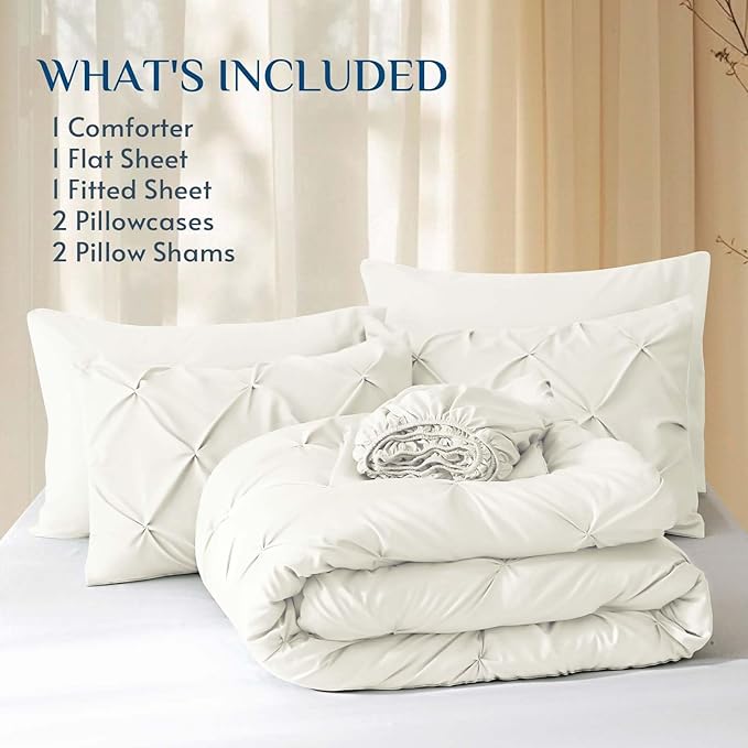 JOLLYVOGUE Full Size Comforter Sets 7 Pieces - Bed in a Bag Full for All Season, Pintuck Bedding Comforter Sets with Comforter, Flat Sheet, Fitted Sheet and Pillowcases & Shams, Ivory