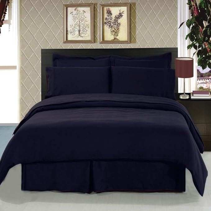 Royal Hotel Bedding 8pc Queen Size Bed-in-a-Bag Solid Navy 600-Thread-Count Siberian Goose Down Alternative Comforter 100 Percent Cotton - Includes Sheets and Duvet Cover Sets