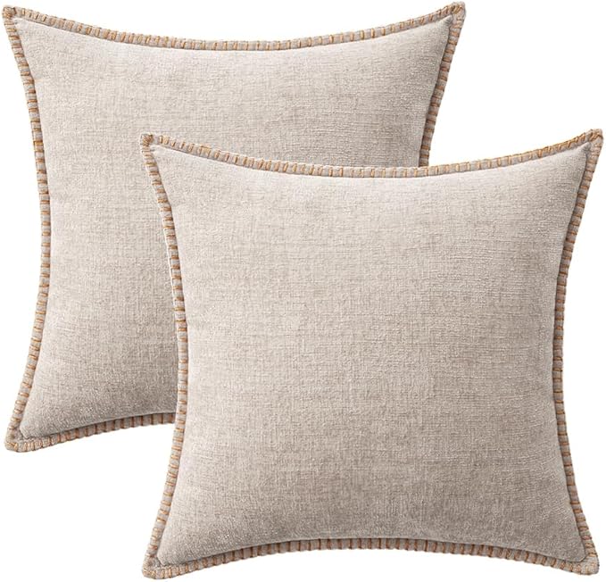 MIULEE Pack of 2 Couch Throw Pillow Covers 20x20 Inch Natural Beige Farmhouse Decorative Pillow Covers with Stitched Edge Soft Chenille Solid Dyed Pillow Covers for Sofa Bed Living Room