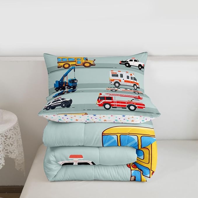 Erosebridal Fire Truck Comforter Set,Police Car Down Comforter King Size,School Bus Bedding Set for Kids Boys Teens Youth,Equipped Truck Cartoon Vehicle Quilt Duvet Insert Bedroom Dorm Decor 3 Pcs