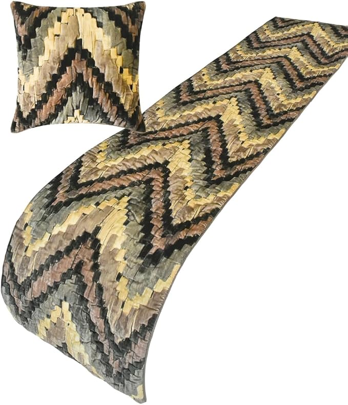 The HomeCentric King/Queen/Twin Beige Designer Full 68"x18" Bed Runner with 2 Pillow Cover, Abstract, Chevron, Quilted Bed Scarf on Suede Velvet Fabric - Paramount