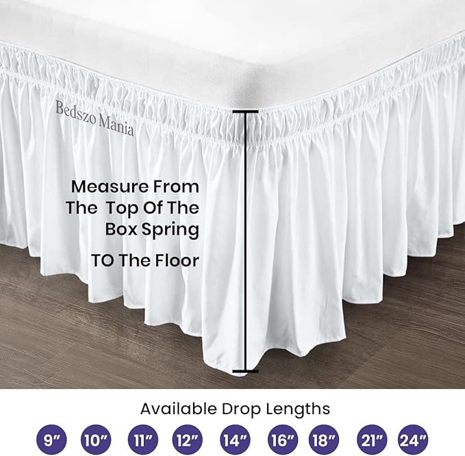 Wrap Around Bed Skirt 9" Inch Drop 100% MicrofibreFabric 1-Piece Bed Skirt Easy Fit Easy Care Fade & Wrinkle Resistant - Full Size (54"X75"), White Color