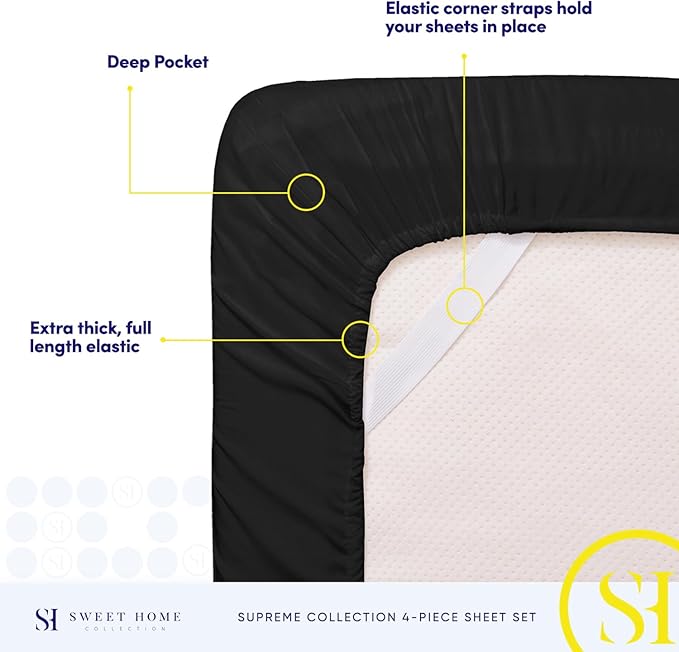 Twin XL Sheets - Breathable Luxury Sheets with Full Elastic & Secure Corner Straps Built In - 1800 Supreme Collection Extra Soft Deep Pocket Bedding Set, Sheet Set, Twin XL, Black