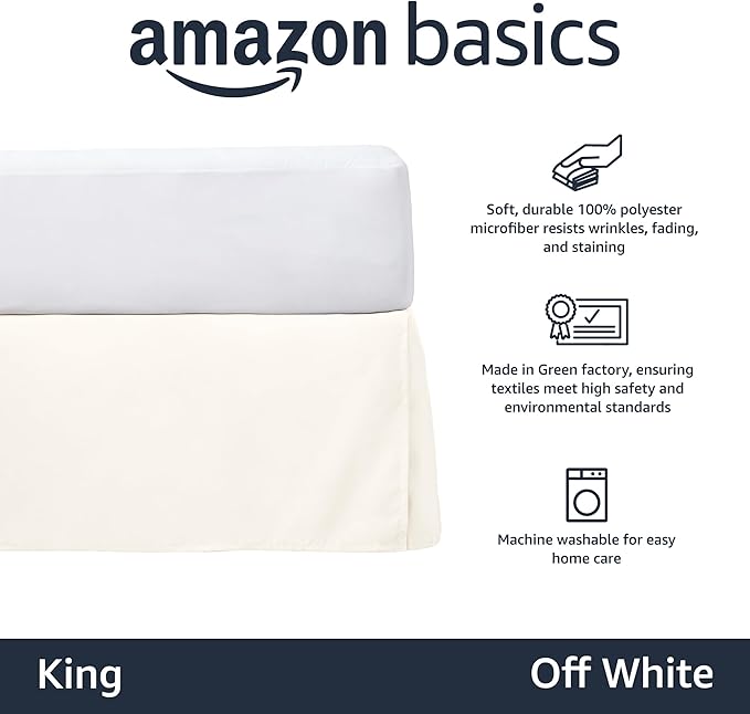 Amazon Basics Lightweight Pleated Soft Machine Washable Bed Skirt, King Size, Off White, Solid (Pack of 8)