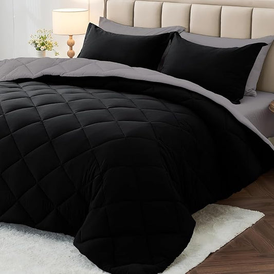 MUXHOMO 5 Pieces Twin Comforter Set, Reversible Bed in a Bag Twin Size, All Season Bedding Set with Comforter, Flat Sheet, Fitted Sheet, Pillowcases & Shams, Black & Soot