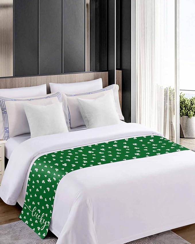 St Patrick's Day Lucky Leaves Bed Runners for Bedroom Hotel,Decorative Bedding Scarf White Shamrock on Green Bed End Blanket Bedding Runner Scarves for King Size Bed,102x20in