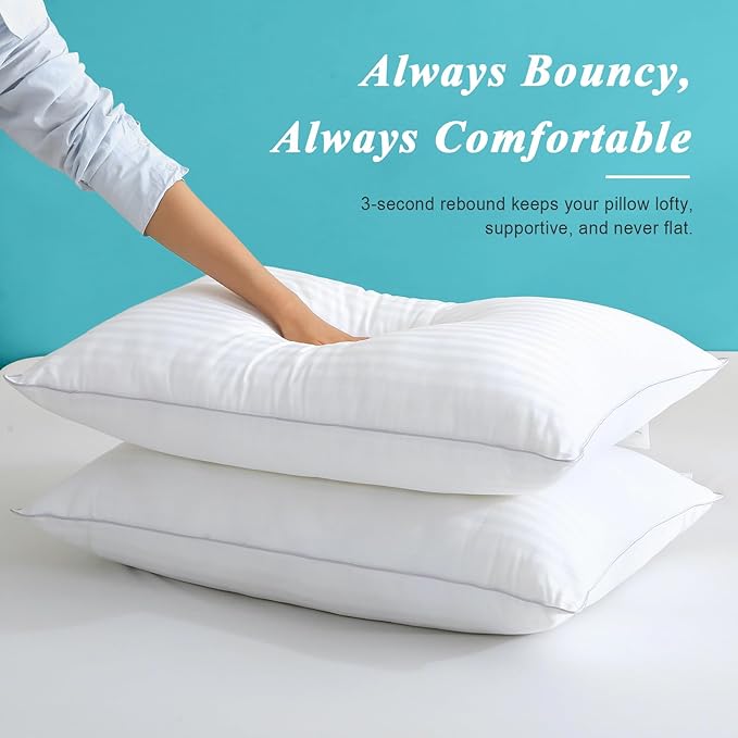 Bed Pillows King Size Set of 2-100% Cotton Cover, Down Alternative Gel Polyfill Filled, Flat Soft Medium Adjustable Hotel-Style Pillow Inserts, 20x36 Inch