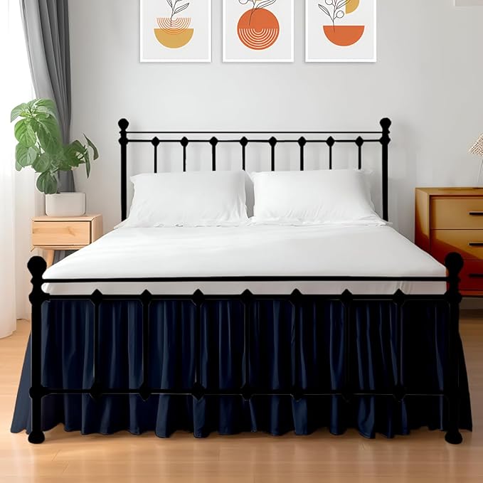 Shreem Linen Ruffled Bed Skirt with Split Corners, Gathered Style, 100% Microfiber, 24-Inch Drop, Dust Ruffle Bedskirt with Platform, Cal-King, Navy Blue