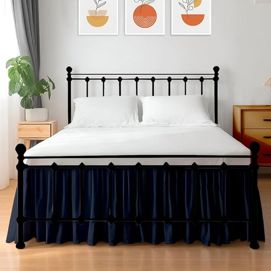 Shreem Linen Ruffled Bed Skirt with Split Corners, Gathered Style, 100% Microfiber, 21-Inch Drop, Dust Ruffle Bedskirt with Platform, Twin-XL, Navy Blue