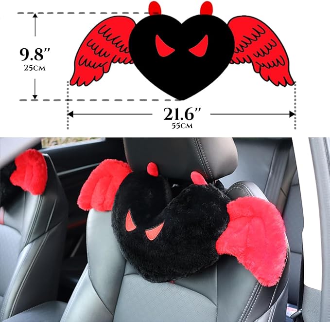 Sexysamba 2 Pcs Heart Shaped Car Headrest Pillow Devil & Angel Wings Neck Pillow Cute Car Seat Decor Neck Support Cushions for Travel Sleeping, Driving, Home, Office, Black Devil