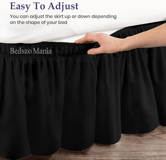 Wrap Around Bed Skirt 11" Inch Drop 100% MicrofibreFabric 1-Piece Bed Skirt Easy Fit Easy Care Fade & Wrinkle Resistant - Full Size (54"X75"), Black Color
