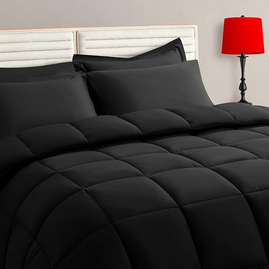 TAIMIT Twin Size Comforter Set - 5 Pieces, Bed in a Bag Bedding Sets with All Season Soft Quilted Warm Fluffy Reversible Comforter,Flat Sheet,Fitted Sheet,1 Pillow Shams,1 Pillowcases,Black