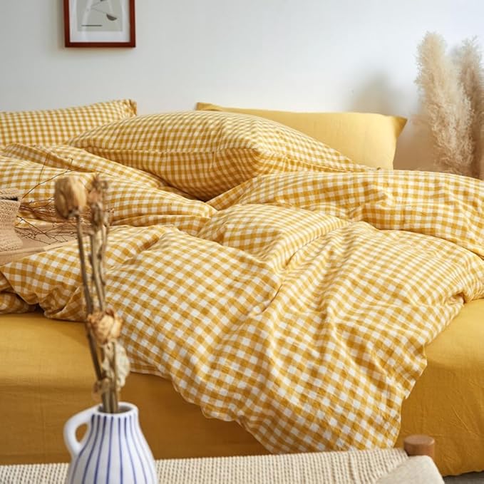 LifeTB Yellow Gingham Duvet Cover King 100% Washed Cotton Plaid Checked Duvet Cover Set Modern Soft 3 Piece Grid Bedding Set Breathable Gingham Checkered Comforter Cover with Zipper Ties