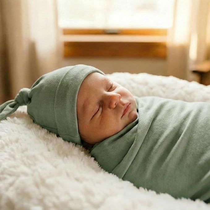 Large Jersey Knitted Swaddle Blanket for Baby, Soft Stretchy Receiving Blanket for Newborns with Hat, Baby Nursery Swaddle 47 x 47 inches(Sage)