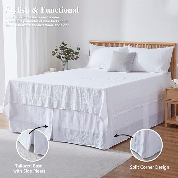Simple&Opulence Belgian Linen Bed Skirt with Classic 14 inch Tailored Drop Dust Ruffle, Easy Fit Breathable Premium Natural Flax- Basic White, California King