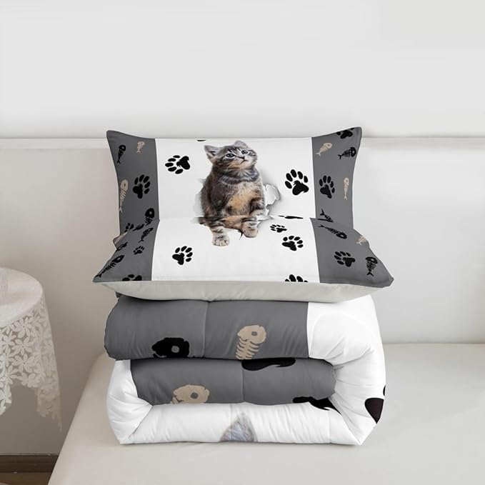 Kids 3D Cute Kawaii Cat Comforter Set Full - Lovely Animal Kitten Paw Print Bedding for Girls Boys Cat Lovers' Bedroom - Fish Bone Decor Quilt Duvet Set Grey White With 2 Pillow Cases