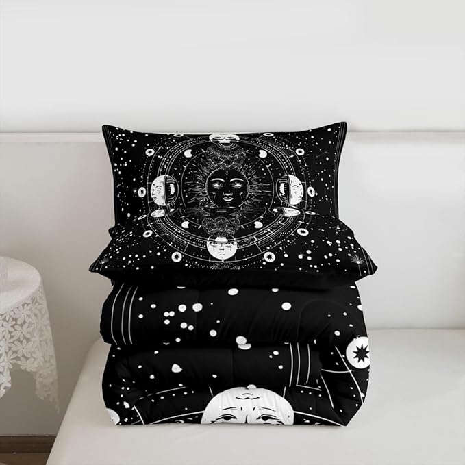 Sun and Moon Comforter Twin Size Black and White Psychedelic Constellation Comforter Set Boho Exotic Mandala Bedding Set Galaxy Astrology Space Duvet Set Soft Chic Mystic Star Room Decor Quilt Set