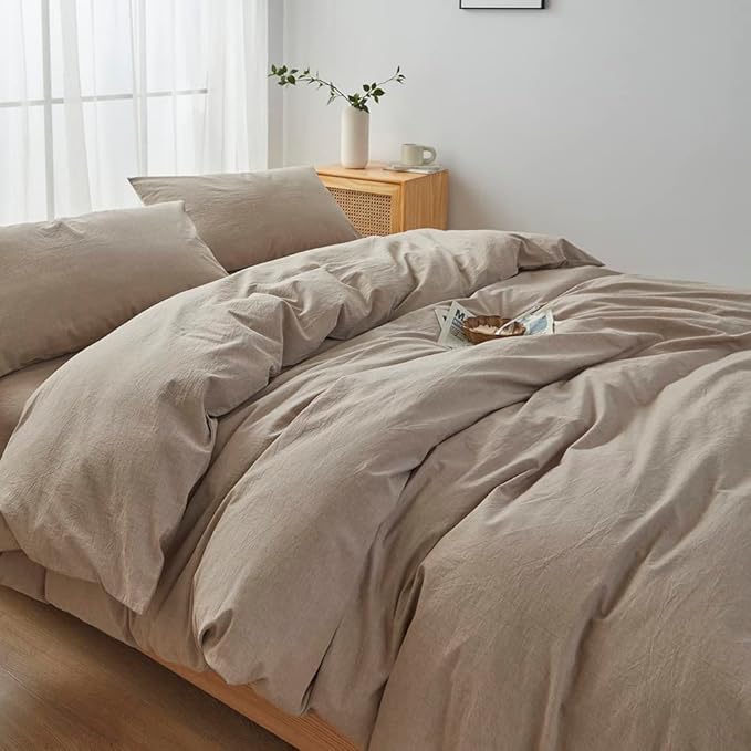 FACE TWO FACE Bedding Duvet Cover Set100% Washed Cotton Duvet Cover Linen Like Textured Breathable Durable Soft Comfy (King, Khaki)