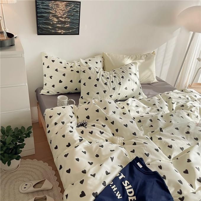 Nayoroom Black and White Heart Duvet Cover Queen Size Black Hearts Printed on White Bedding Set 3 Pcs Cute Kawaii Soft Breathable Microfiber Comforter Cover Valentine Gifts for Kids Girls