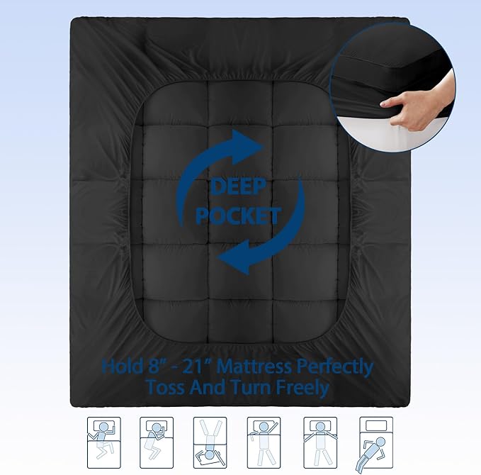 ELEMUSE Twin Black Cooling Bamboo Viscose Mattress Topper for Back Pain, Extra Thick Mattress Pad Cover, Plush Soft Pillowtop with Elastic Deep Pocket, Overfilled Down Alternative Filling