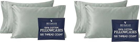 Beckham Hotel Collection Cotton Pillowcases Standard/Queen, 500TC, Sateen Finish, Open End, Breathable, Moisture-Wicking, Aqua Gray (4 Pieces)