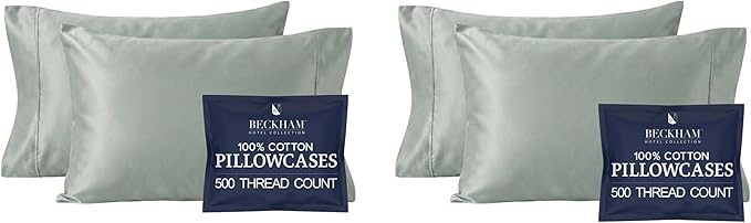Beckham Hotel Collection Cotton Pillowcases King, 500TC, Sateen Finish, Open End, Breathable, Moisture-Wicking, Aqua Gray (4 Pieces)
