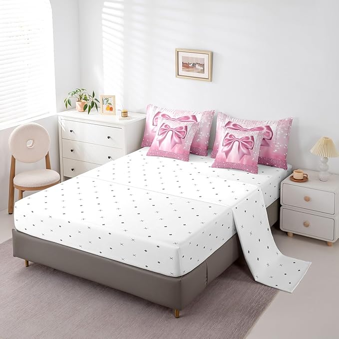Feelyou Kids Pink Bowknot 7 Pieces Bedding Set Queen Size, Dreamy Princess Comforter Set with Sheets Boys Girls Glitter Bed in A Bag Watercolor Bow Teens Bed Set Bedroom Decor 7Pcs