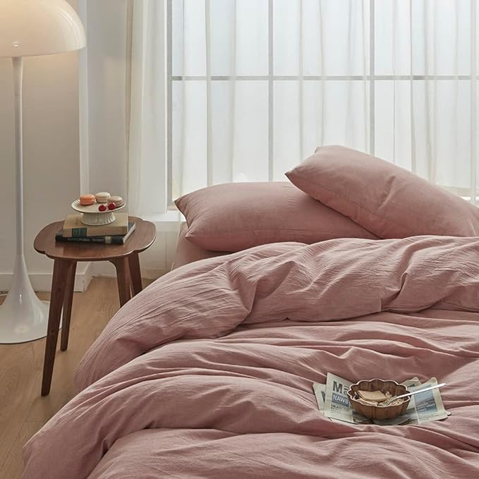 Face Two Face Bedding Duvet Cover Set 3 Pieces 100% Washed Cotton Duvet Cover Linen Like Textured Breathable Durable Soft Comfy (King, Old Pink)