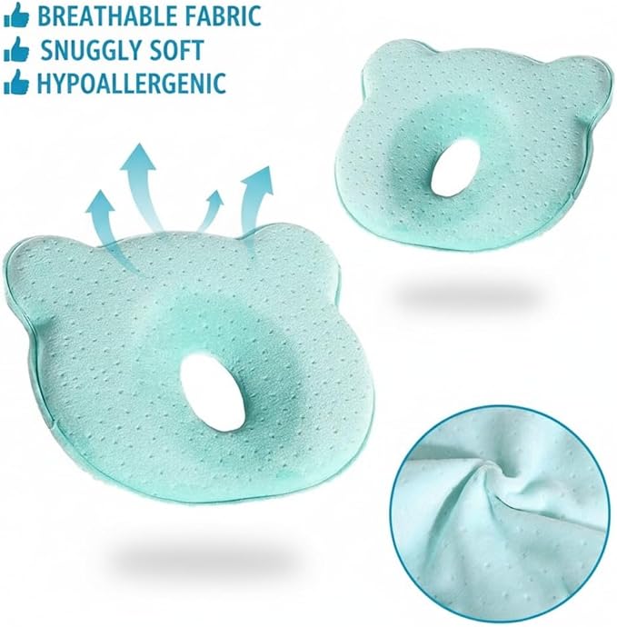 Memory Foam Travel Pillow, Cozy andsoft, Cotton Velvet Cover for Kids Boy Girls, Nap Time, Cute Bear Portable Pillow, Pillow Neck Support Head Support car seat (Mint)