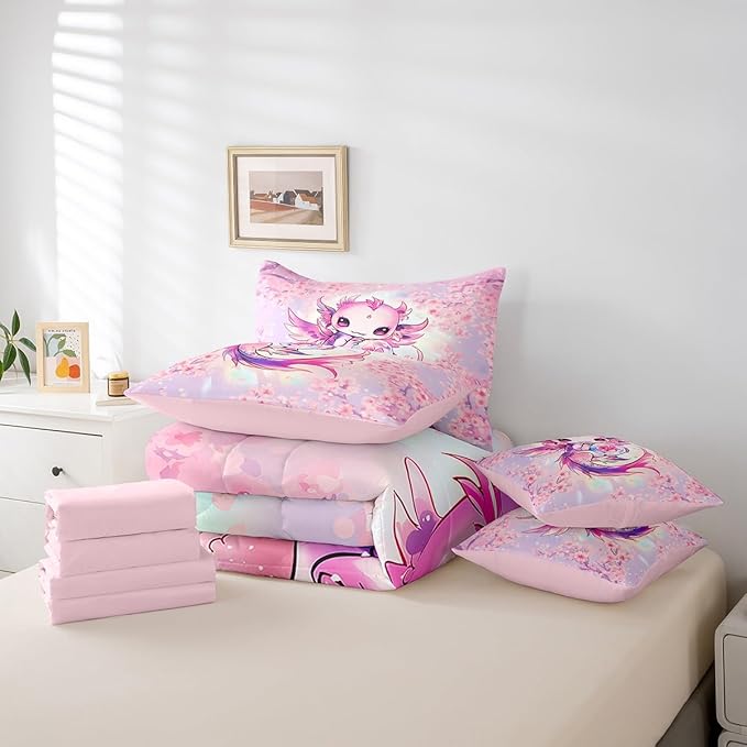 Feelyou Kids Cute Axolotl Bed in A Bag Full Size, Cartoon Animal 7 Pieces Bedding Set Boys Girls Kawaii Ocean Sealife Comforter Set with Sheets Floral Teens Bed Set Bedroom Decor 7Pcs