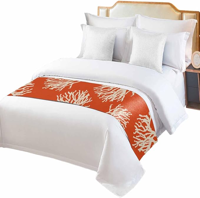 Coral Orange Bed Runner Scarf for Cal King Size Bed Foot,Decorative Bedding Accessory Stainproof & Dustproof Soft Protector For Bedroom Wedding Room Coastal White Ocean Marine Nautical Beach 102"x20"