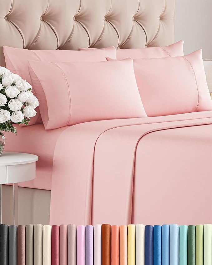 Full 6 Piece Sheet Set - Comfy Breathable & Cooling - Ultra-Soft Hotel Luxury Bedding Set with 8-16 Inch Deep Pockets - 1 Flat & 1 Fitted Sheet & 4 Pillowcases - Wrinkle Free & Easy Care - Baby Pink