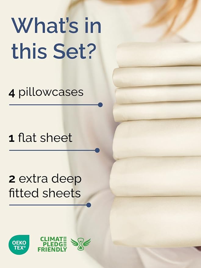 Extra Deep Split King Sheet Set - 7 Piece Breathable and Cooling Sheets - Hotel Luxury Bedding for Women, Men, Kids & Teens - Easy Secure Fit - Soft and Wrinkle Free - Extra Deep Pockets - Off White