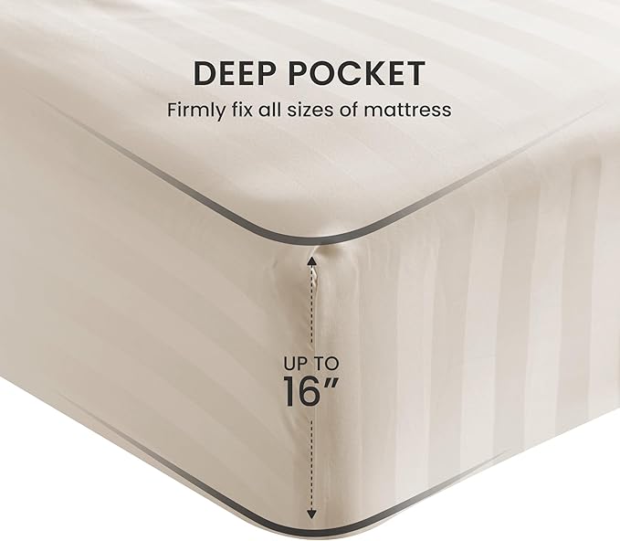 SLEEP ZONE Striped Cooling Twin Sheets Set for Kids - Fitted Flat Sheet & Pillowcase Sets 3 Piece - Super Soft Stripe Bed Sheet, Easy Care, Deep Pocket (Beige, Twin)