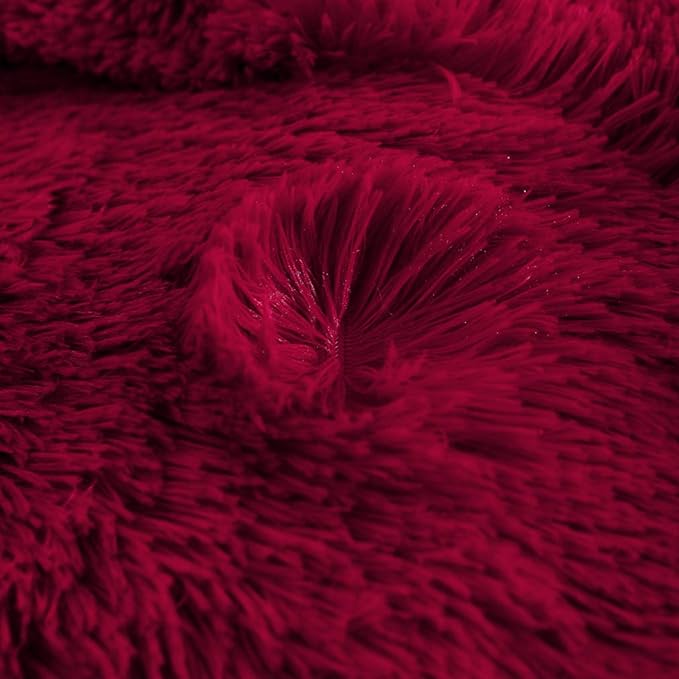 Uhamho Faux Fur Velvet Fluffy Bedding Duvet Cover Set Down Comforter Quilt Cover with Pillow Shams, Ultra Soft Warm (Burgundy, King)
