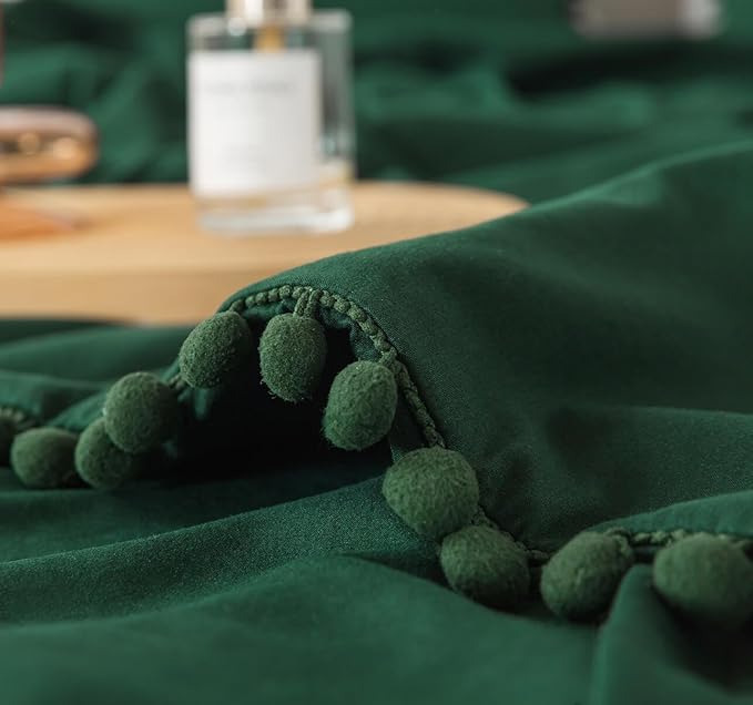 TanNicoor Pom Fringe Duvet Cover Set - 3 Piece Natural Ultra SOFE Color Washed Microfiber Bedding Set, Modern Style Down Comforter Quilt Cover with Zipper Closure(Twin, Emerald Green)