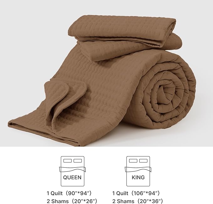 WRENSONGE Queen Quilt-3 Pieces Lightweight Bedspreads Brown Queen Size Quilt Bedding Set for All Seasons, Soft Summer Blanket with 2 Pillow Shams Suitable for Bed, Couch