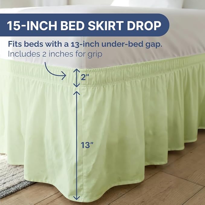 Wrap Around Dust Ruffle Bed Skirt - Light Sage - for Queen Size Beds w/ 15 Inch Drop - Easy Fit Elastic Strap - Adjustable Pleated Bedskirt w/Brushed Fabric - Wrinkle Free, Women, Men, Kids & Teens