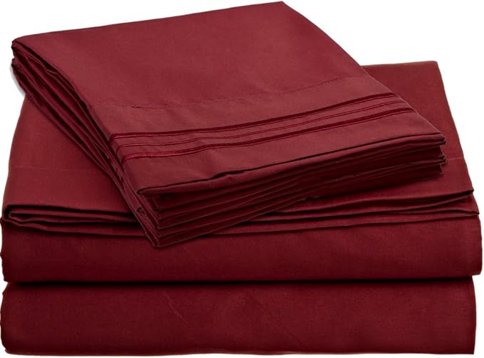 Clara Clark 1800 Series Bed Sheet Sets - Stay fit on Mattress with Elastic Straps at Corners - Twin (Single), Burgundy Red (75”x39” Fits XL)