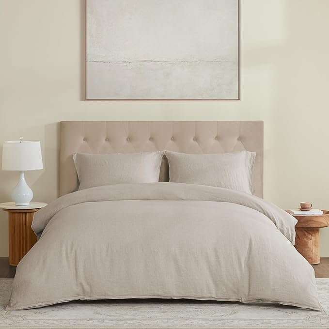 DAPU 100% Linen Duvet Cover Set 3PCs, Pure Natural French Flax Linen Duvet Cover King 90"x104" with Corner Ties and Zipper Closure, Soft Breathable Durable for Hot Sleepers (Natural Linen, King)