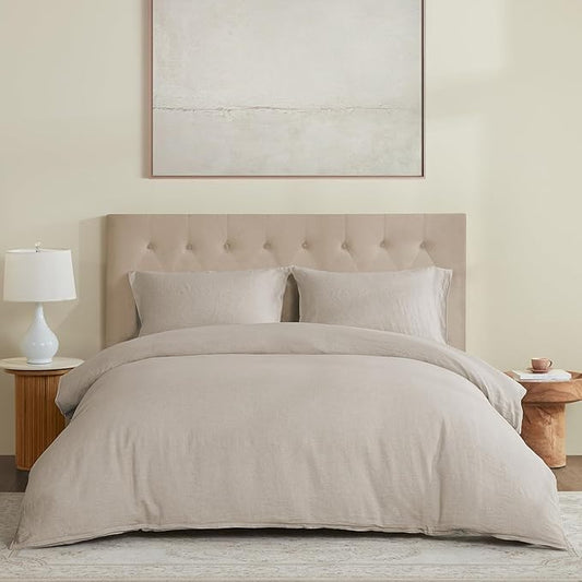 DAPU 100% Linen Duvet Cover Set 3PCs, Pure Natural French Flax Linen Duvet Cover King 90"x104" with Corner Ties and Zipper Closure, Soft Breathable Durable for Hot Sleepers (Natural Linen, King)