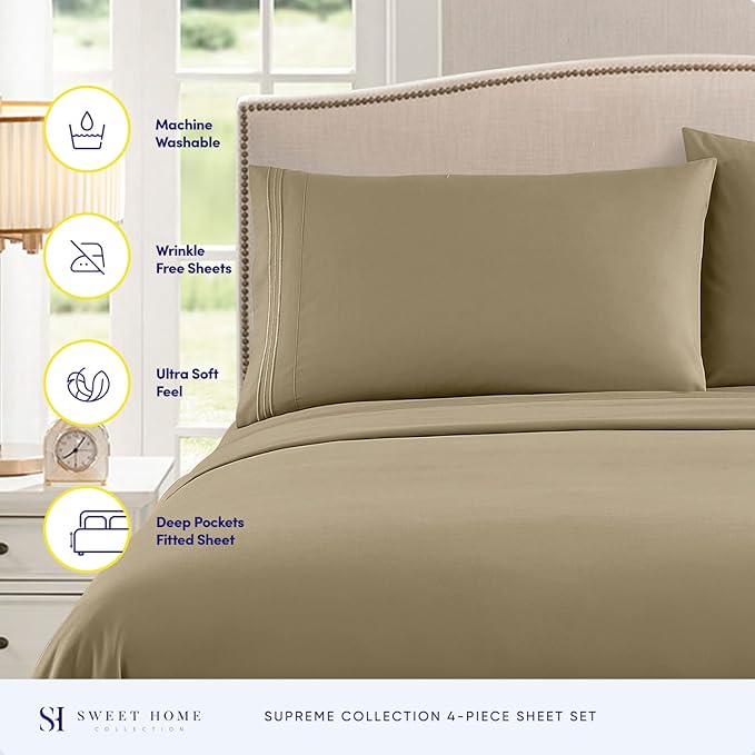 Split King Sheets - Breathable Luxury Sheets with Full Elastic & Secure Corner Straps Built In - 1800 Supreme Collection Extra Soft Deep Pocket Bedding Set, Sheet Set, Split King Size, Sage