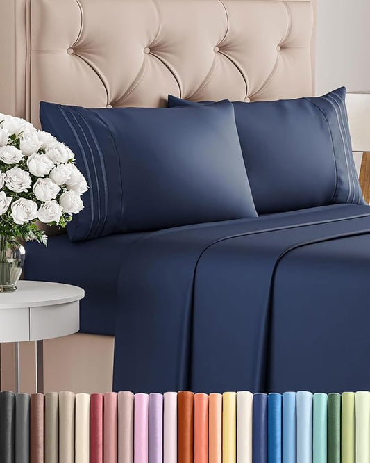 Cal King Size 4 Piece Sheet Set - Comfy Breathable & Cooling Bed Sheets Set - Hotel Luxury Bedding for Women, Men, Kids, Teens, Boys & Girls - Deep Pockets, Soft, Wrinkle Free - Oeko-Tex - Navy Blue