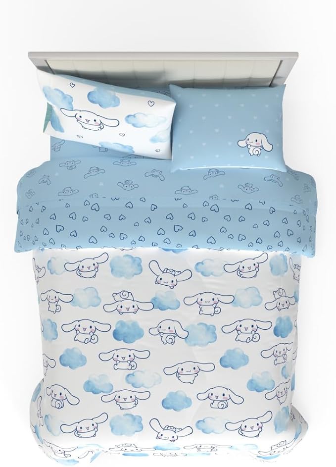 Cinnamoroll Bedding 7 Piece Super Soft Cozy Reversible Comforter and Sheet Set with Sham, Queen, (100% Official Licensed Product) by Franco