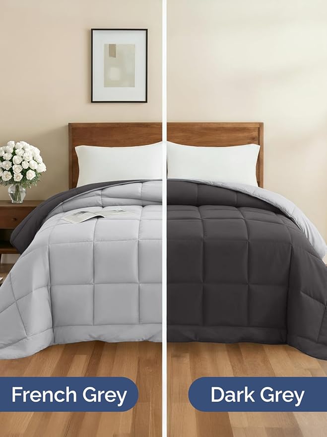 Queen Size, Dark Grey & French Grey Alternative Down Comforter - Warm & Breathable Hotel Quality Bedding for Men, Women, Kids & Teens - All Season Oversized Cooling Microfiber Duvet Insert Comforter
