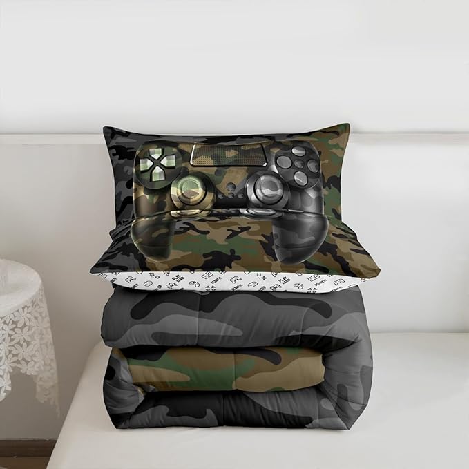 Feelyou Kids Gamer Comforter Set Camouflage Gaming Bedding Set for Boys Teens Bedroom Green Black Camo Video Game Decor Comforter Gamer Console Quilt Set Toddler Size Duvet Quilted 2Pcs
