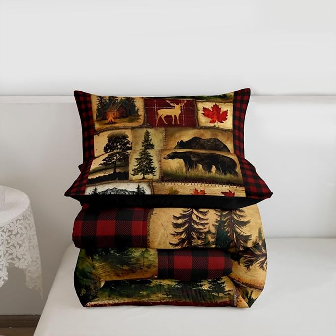 Bear Cabin Plaid Comforter Set Queen, Rustic Farmhouse Bedding Comforter Sets, Retro Hunting Deer Bedding, Country Woodland Pine Tree Duvet Set, Maple Leaf Lodge Decor Down Comforter, Red Black Brown
