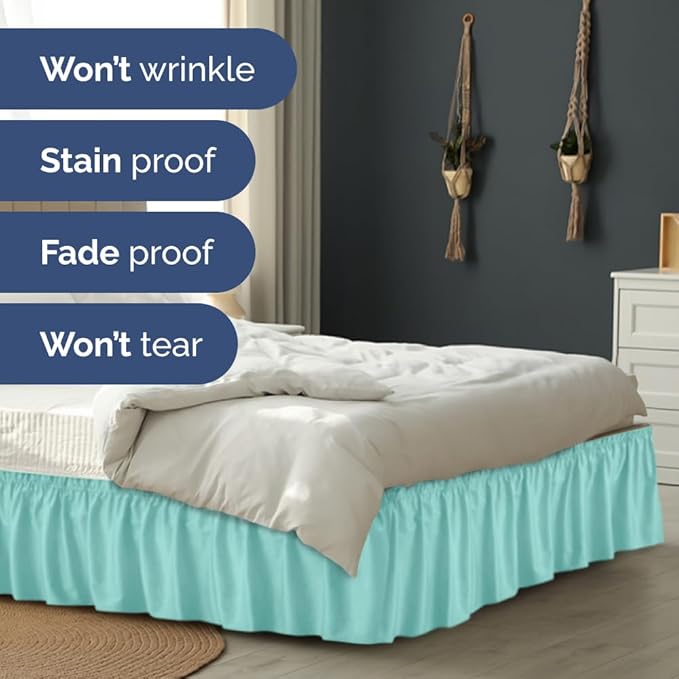 Wrap Around Dust Ruffle Bed Skirt - Spa Blue - for Full Size Beds with 18 Inch Drop - Easy Fit Elastic Strap - Adjustable Pleated Bedskirt w/Brushed Fabric Wrinkle Free - for Women, Men, Kids & Teens