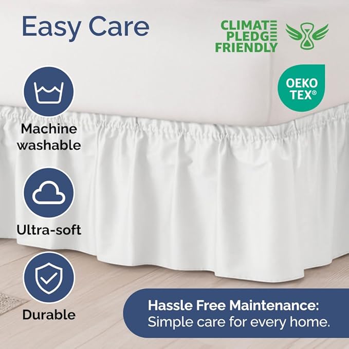 Wrap Around Dust Ruffle Bed Skirt - White - for King Size Beds with 18 Inch Drop - Easy Fit Elastic Strap - Adjustable Pleated Bedskirt w/Brushed Fabric - Wrinkle Free - for Women, Men, Kids & Teens
